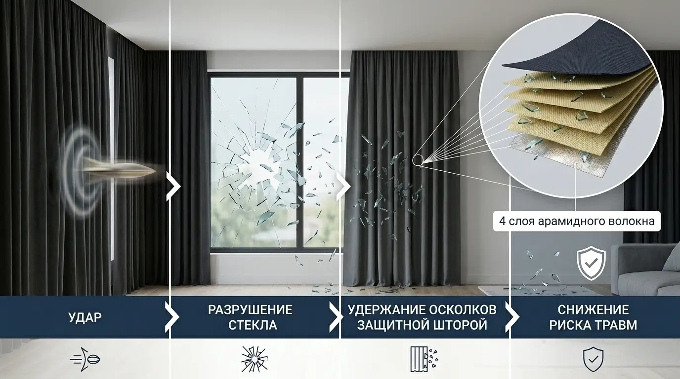 Этапы работы противоосколочной шторы Gardista